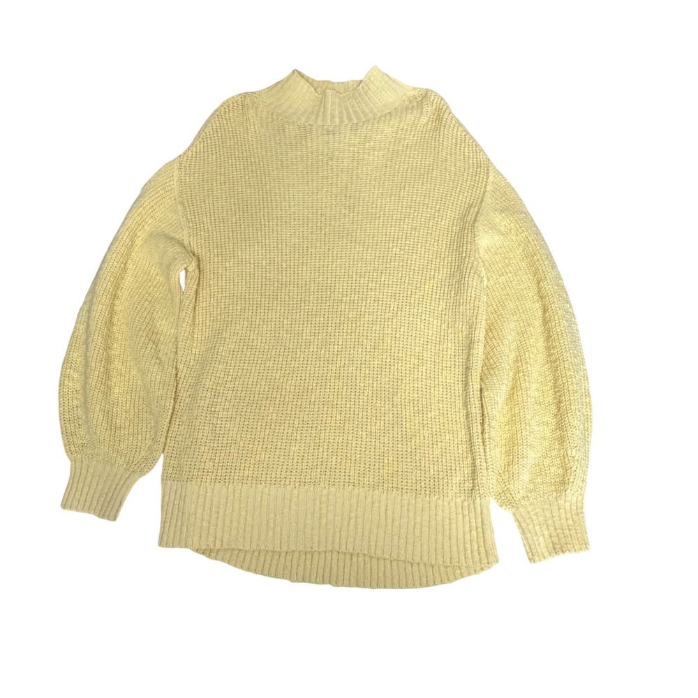Aerie Mock Neck Sweater Womens Medium Yellow Cotton Knit Balloon Sleeves Boho